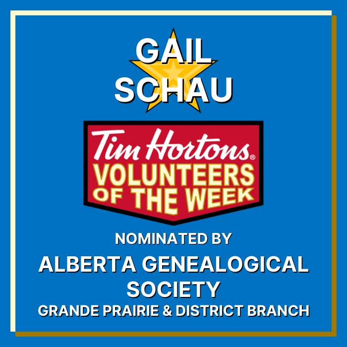 Gail Schau nominated by Alberta Genealogical Society, Grande Prairie & District Branch